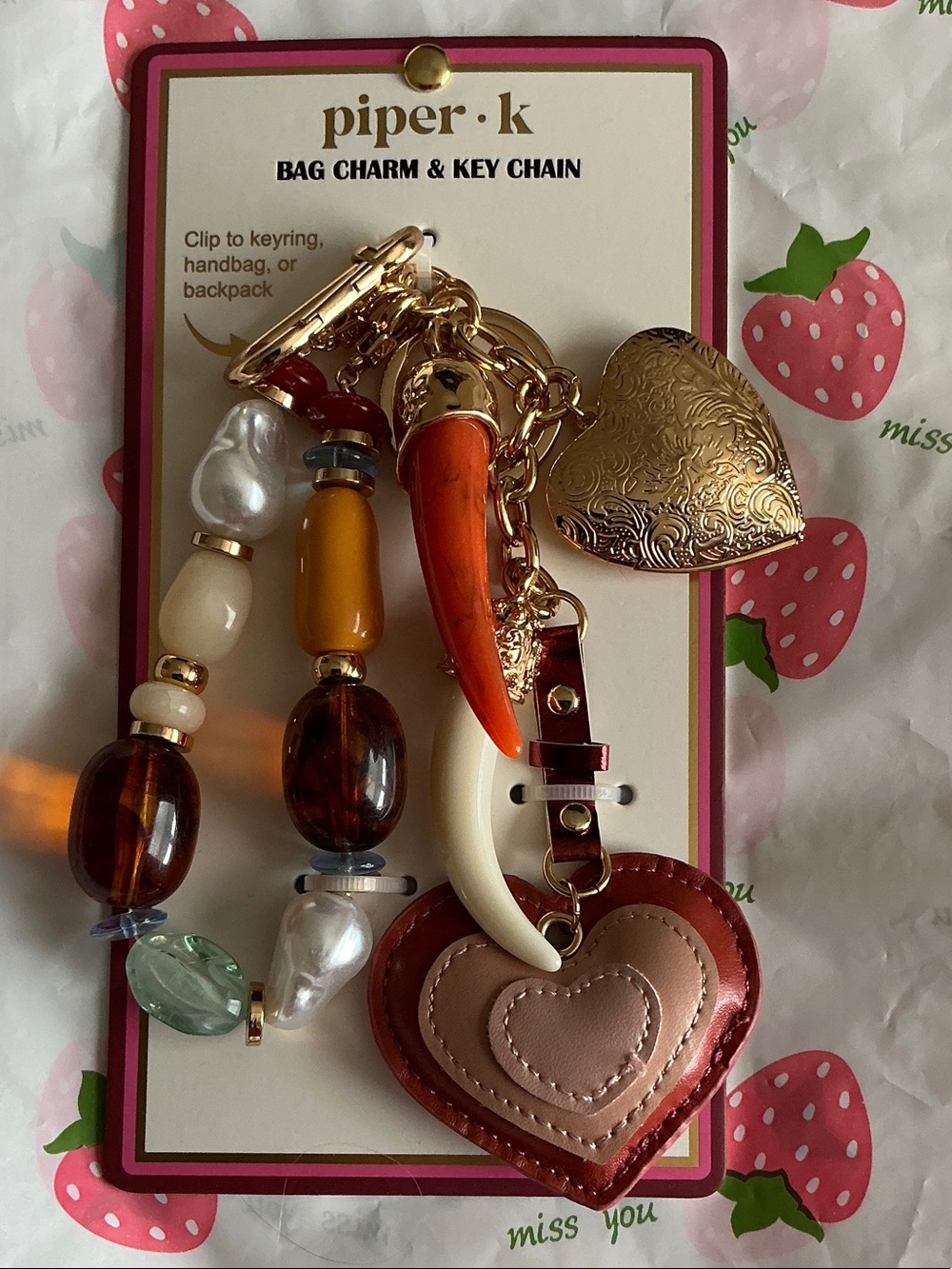Piper Heart Charm Bag Key Chain - Red & Gold